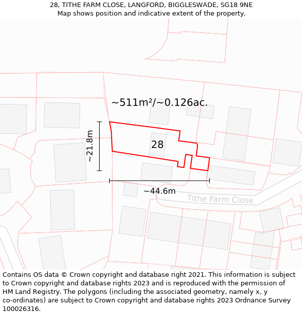 28, TITHE FARM CLOSE, LANGFORD, BIGGLESWADE, SG18 9NE: Plot and title map