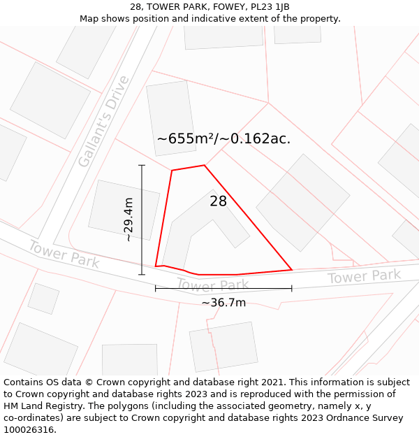 28, TOWER PARK, FOWEY, PL23 1JB: Plot and title map