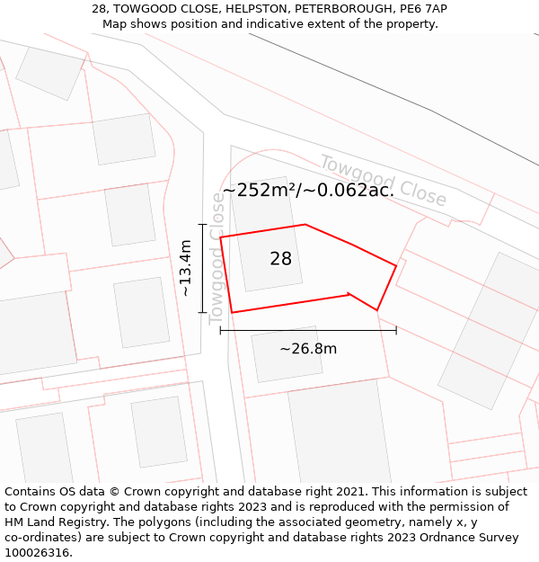 28, TOWGOOD CLOSE, HELPSTON, PETERBOROUGH, PE6 7AP: Plot and title map