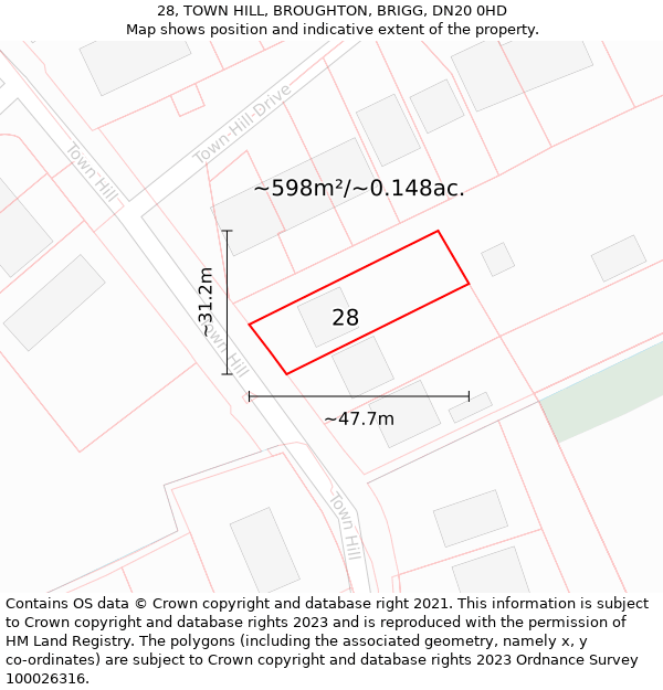 28, TOWN HILL, BROUGHTON, BRIGG, DN20 0HD: Plot and title map