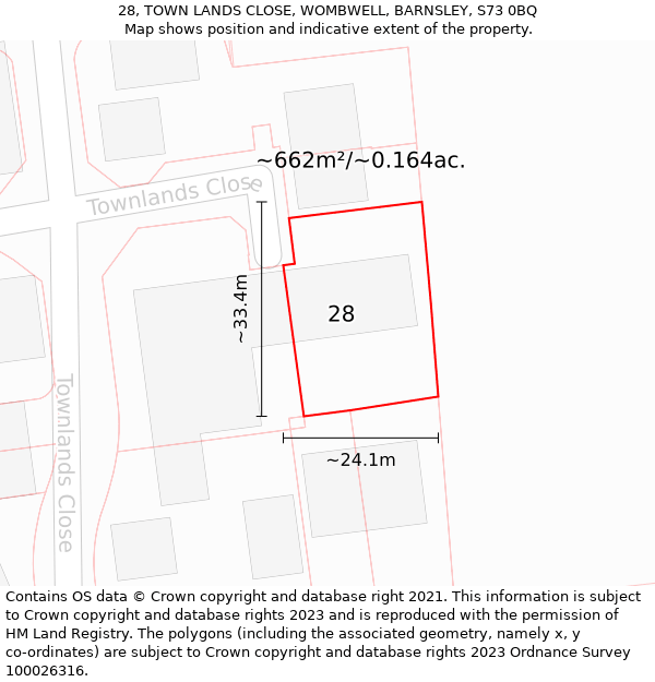 28, TOWN LANDS CLOSE, WOMBWELL, BARNSLEY, S73 0BQ: Plot and title map