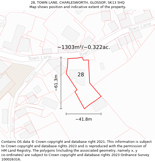 28, TOWN LANE, CHARLESWORTH, GLOSSOP, SK13 5HQ: Plot and title map