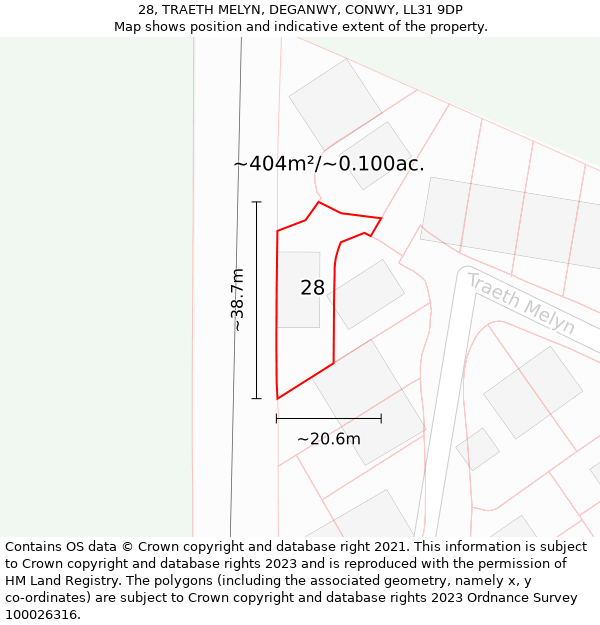 28, TRAETH MELYN, DEGANWY, CONWY, LL31 9DP: Plot and title map