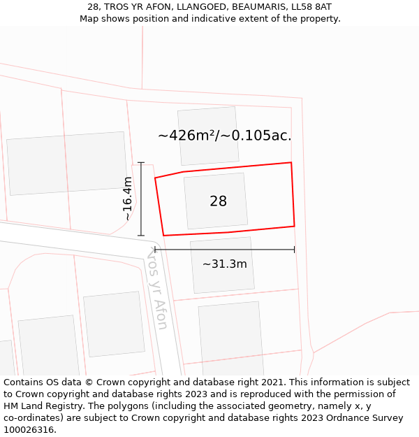 28, TROS YR AFON, LLANGOED, BEAUMARIS, LL58 8AT: Plot and title map