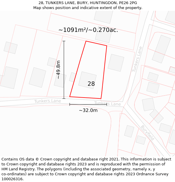 28, TUNKERS LANE, BURY, HUNTINGDON, PE26 2PG: Plot and title map