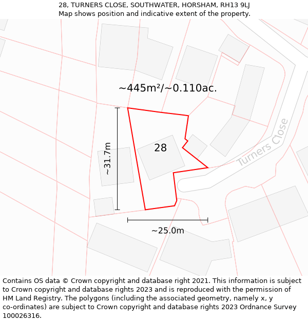 28, TURNERS CLOSE, SOUTHWATER, HORSHAM, RH13 9LJ: Plot and title map