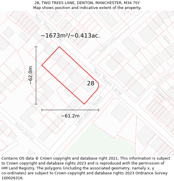 28, TWO TREES LANE, DENTON, MANCHESTER, M34 7SY: Plot and title map