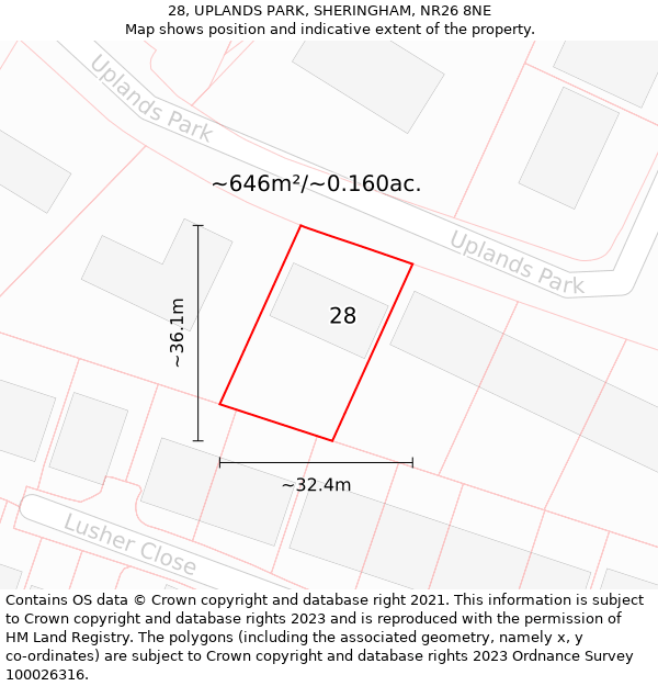 28, UPLANDS PARK, SHERINGHAM, NR26 8NE: Plot and title map