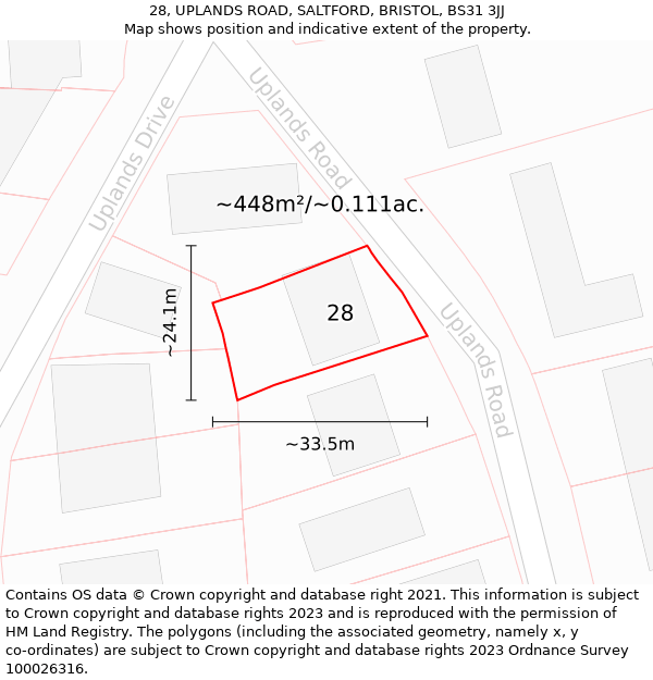 28, UPLANDS ROAD, SALTFORD, BRISTOL, BS31 3JJ: Plot and title map