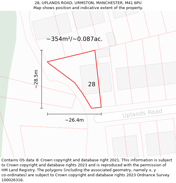 28, UPLANDS ROAD, URMSTON, MANCHESTER, M41 6PU: Plot and title map