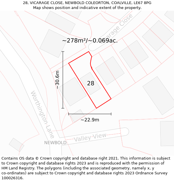 28, VICARAGE CLOSE, NEWBOLD COLEORTON, COALVILLE, LE67 8PG: Plot and title map