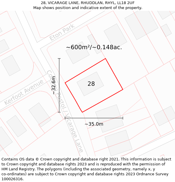 28, VICARAGE LANE, RHUDDLAN, RHYL, LL18 2UF: Plot and title map