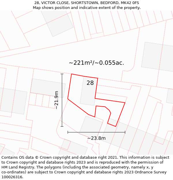 28, VICTOR CLOSE, SHORTSTOWN, BEDFORD, MK42 0FS: Plot and title map