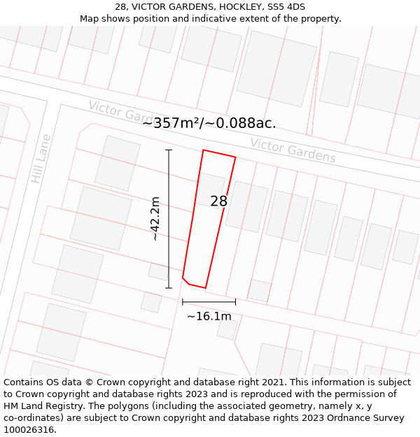 28, VICTOR GARDENS, HOCKLEY, SS5 4DS: Plot and title map