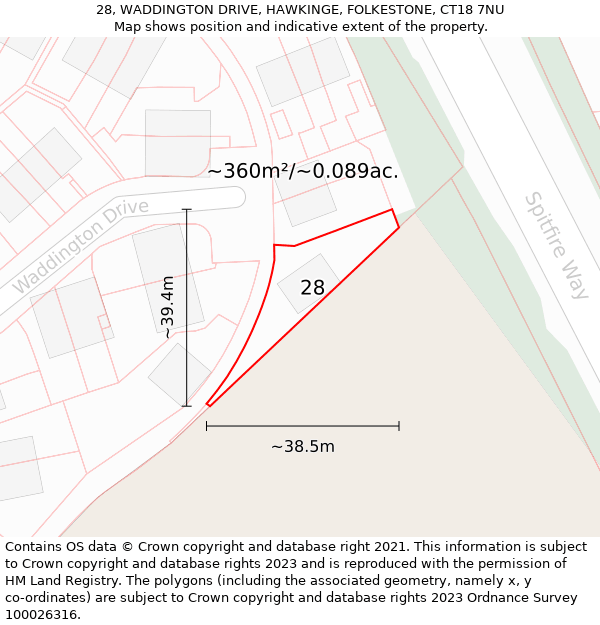 28, WADDINGTON DRIVE, HAWKINGE, FOLKESTONE, CT18 7NU: Plot and title map