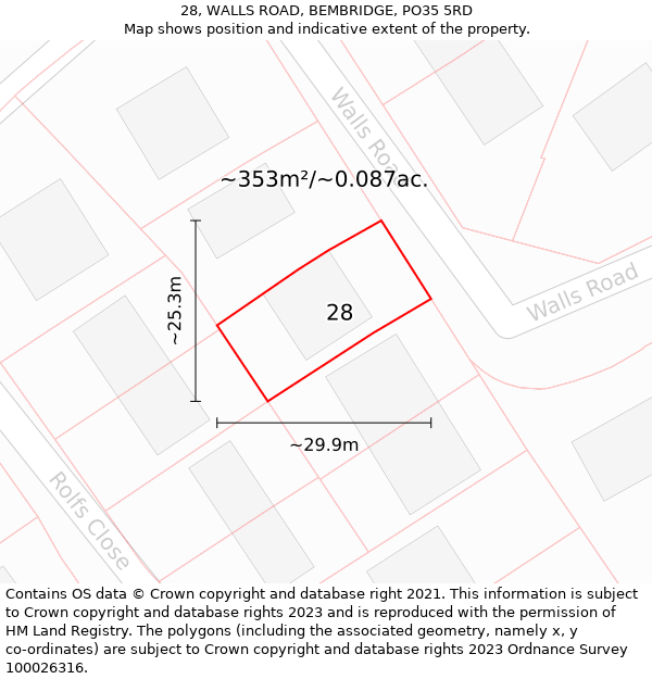 28, WALLS ROAD, BEMBRIDGE, PO35 5RD: Plot and title map