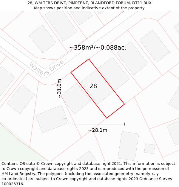 28, WALTERS DRIVE, PIMPERNE, BLANDFORD FORUM, DT11 8UX: Plot and title map