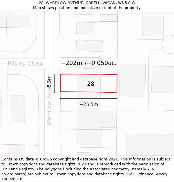 28, WARDLOW AVENUE, ORRELL, WIGAN, WN5 0JW: Plot and title map