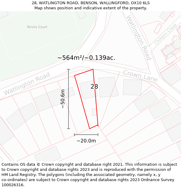 28, WATLINGTON ROAD, BENSON, WALLINGFORD, OX10 6LS: Plot and title map