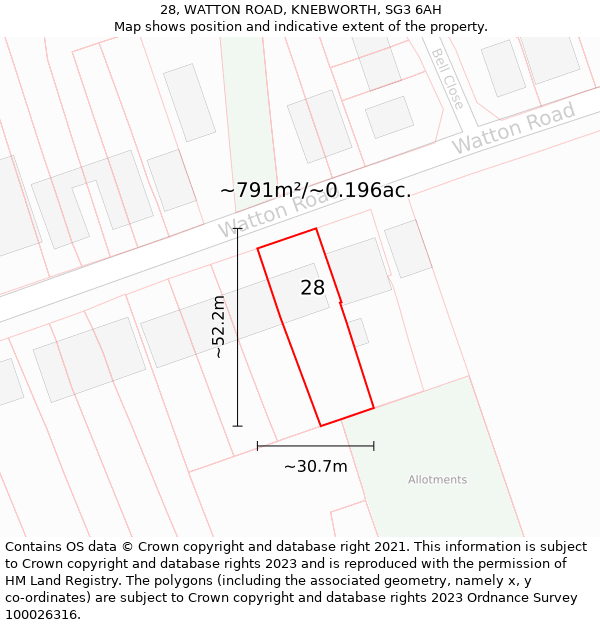 28, WATTON ROAD, KNEBWORTH, SG3 6AH: Plot and title map