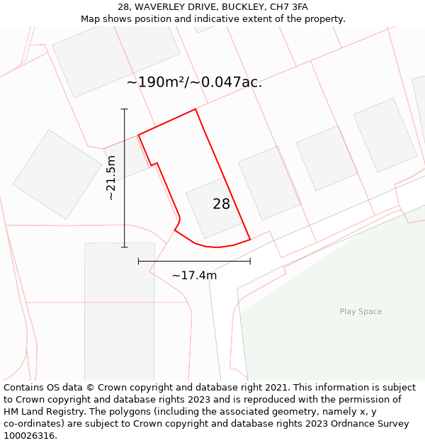 28, WAVERLEY DRIVE, BUCKLEY, CH7 3FA: Plot and title map