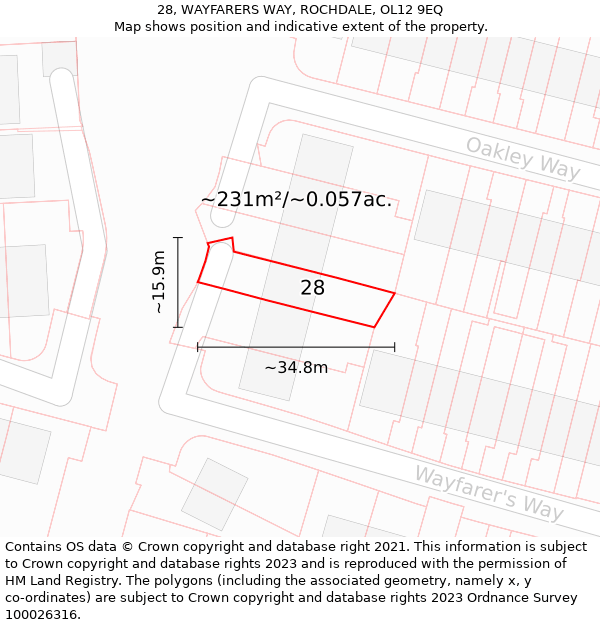 28, WAYFARERS WAY, ROCHDALE, OL12 9EQ: Plot and title map