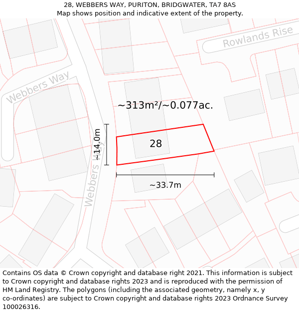 28, WEBBERS WAY, PURITON, BRIDGWATER, TA7 8AS: Plot and title map