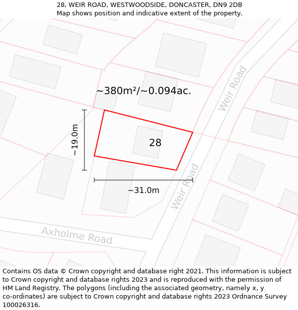 28, WEIR ROAD, WESTWOODSIDE, DONCASTER, DN9 2DB: Plot and title map