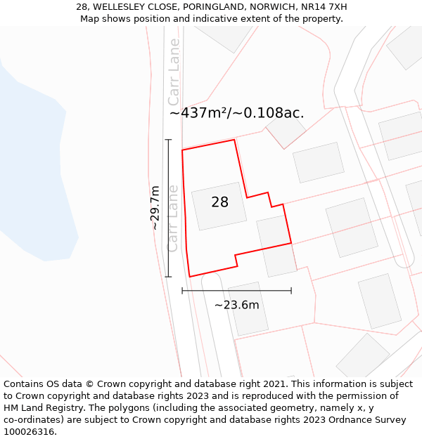 28, WELLESLEY CLOSE, PORINGLAND, NORWICH, NR14 7XH: Plot and title map