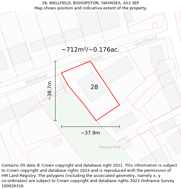 28, WELLFIELD, BISHOPSTON, SWANSEA, SA3 3EP: Plot and title map