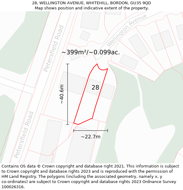 28, WELLINGTON AVENUE, WHITEHILL, BORDON, GU35 9QD: Plot and title map