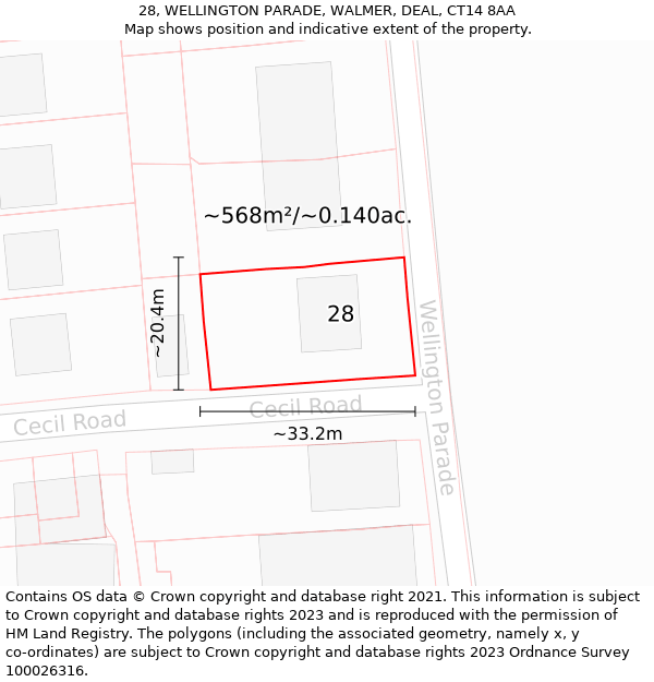 28, WELLINGTON PARADE, WALMER, DEAL, CT14 8AA: Plot and title map