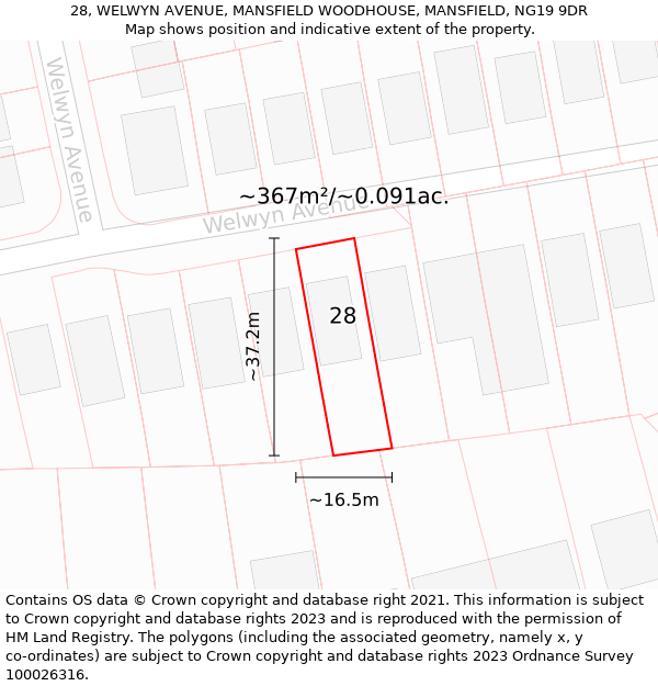 28, WELWYN AVENUE, MANSFIELD WOODHOUSE, MANSFIELD, NG19 9DR: Plot and title map