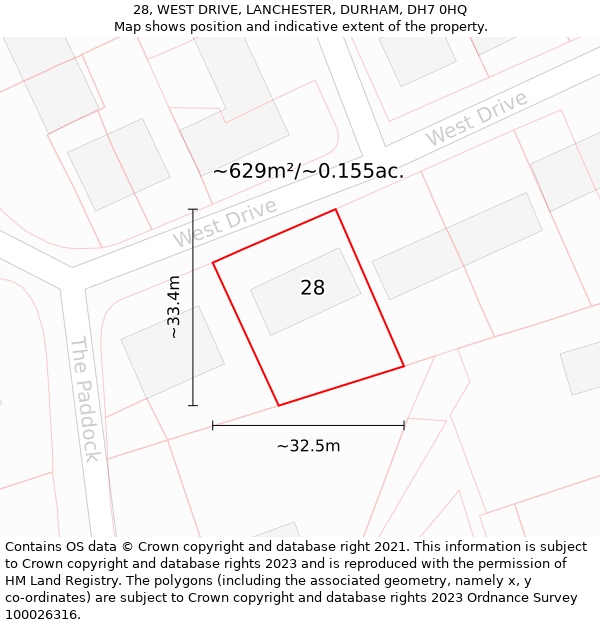 28, WEST DRIVE, LANCHESTER, DURHAM, DH7 0HQ: Plot and title map