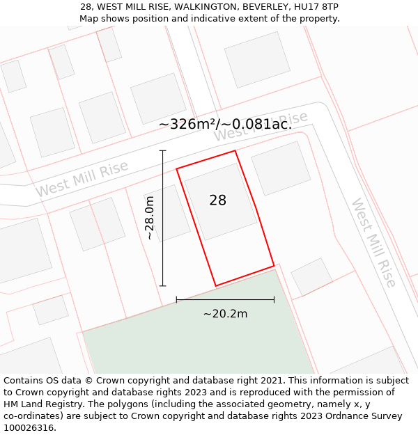 28, WEST MILL RISE, WALKINGTON, BEVERLEY, HU17 8TP: Plot and title map