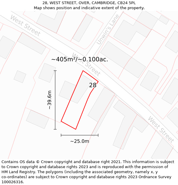 28, WEST STREET, OVER, CAMBRIDGE, CB24 5PL: Plot and title map