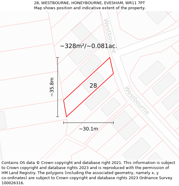 28, WESTBOURNE, HONEYBOURNE, EVESHAM, WR11 7PT: Plot and title map