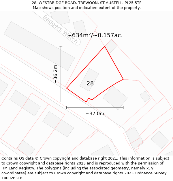 28, WESTBRIDGE ROAD, TREWOON, ST AUSTELL, PL25 5TF: Plot and title map