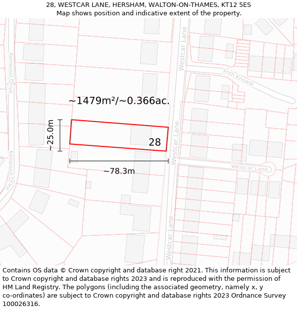 28, WESTCAR LANE, HERSHAM, WALTON-ON-THAMES, KT12 5ES: Plot and title map