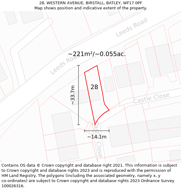 28, WESTERN AVENUE, BIRSTALL, BATLEY, WF17 0PF: Plot and title map