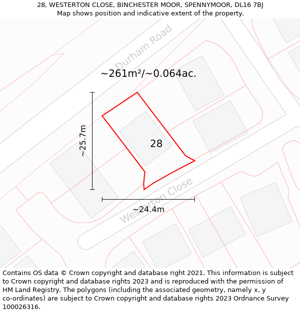 28, WESTERTON CLOSE, BINCHESTER MOOR, SPENNYMOOR, DL16 7BJ: Plot and title map