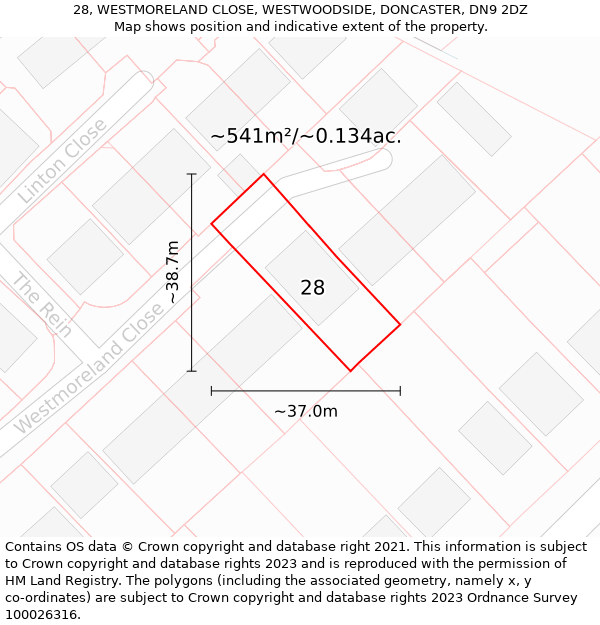 28, WESTMORELAND CLOSE, WESTWOODSIDE, DONCASTER, DN9 2DZ: Plot and title map