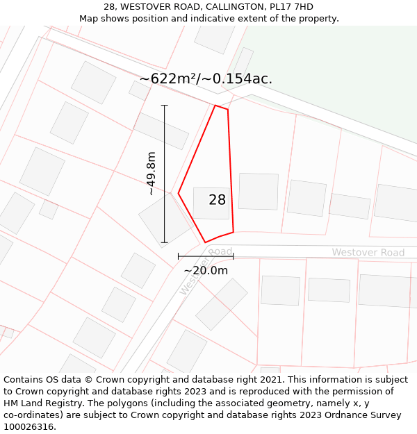 28, WESTOVER ROAD, CALLINGTON, PL17 7HD: Plot and title map