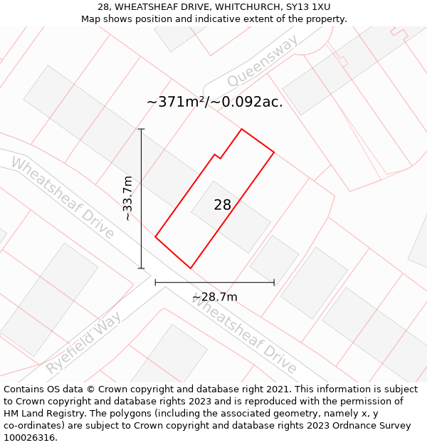 28, WHEATSHEAF DRIVE, WHITCHURCH, SY13 1XU: Plot and title map