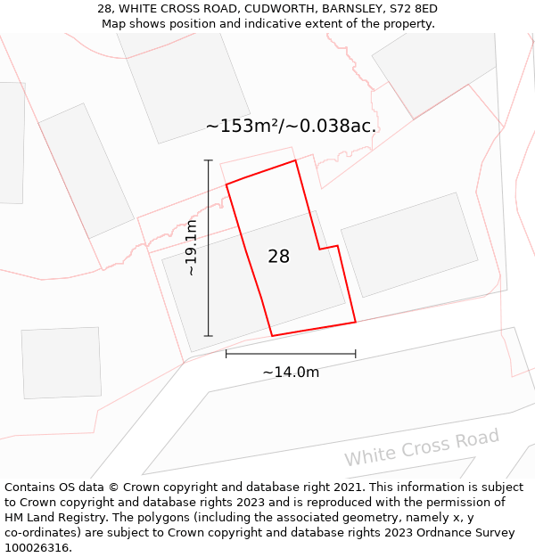 28, WHITE CROSS ROAD, CUDWORTH, BARNSLEY, S72 8ED: Plot and title map