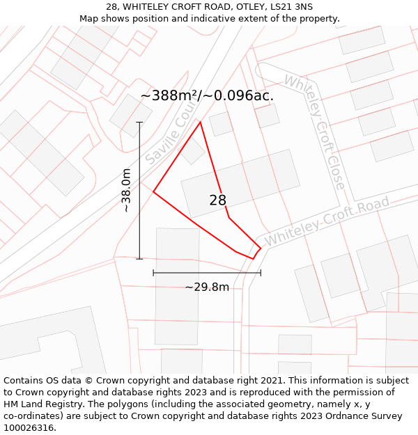 28, WHITELEY CROFT ROAD, OTLEY, LS21 3NS: Plot and title map