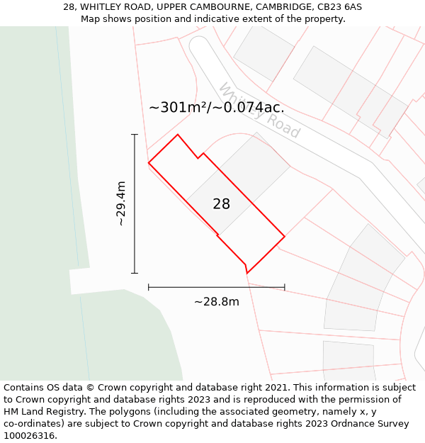 28, WHITLEY ROAD, UPPER CAMBOURNE, CAMBRIDGE, CB23 6AS: Plot and title map