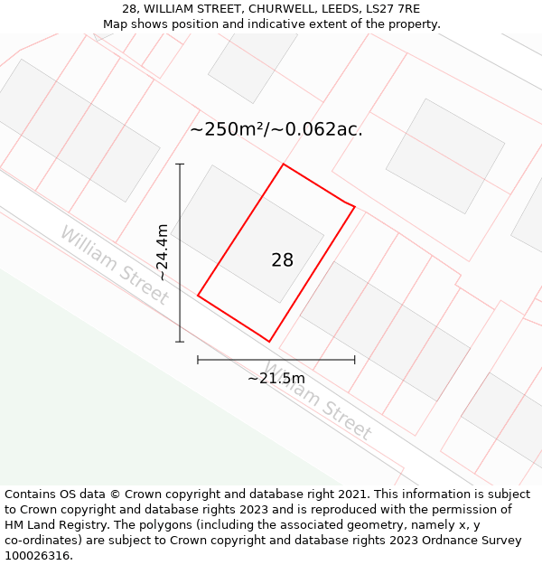 28, WILLIAM STREET, CHURWELL, LEEDS, LS27 7RE: Plot and title map