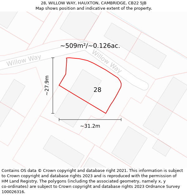 28, WILLOW WAY, HAUXTON, CAMBRIDGE, CB22 5JB: Plot and title map