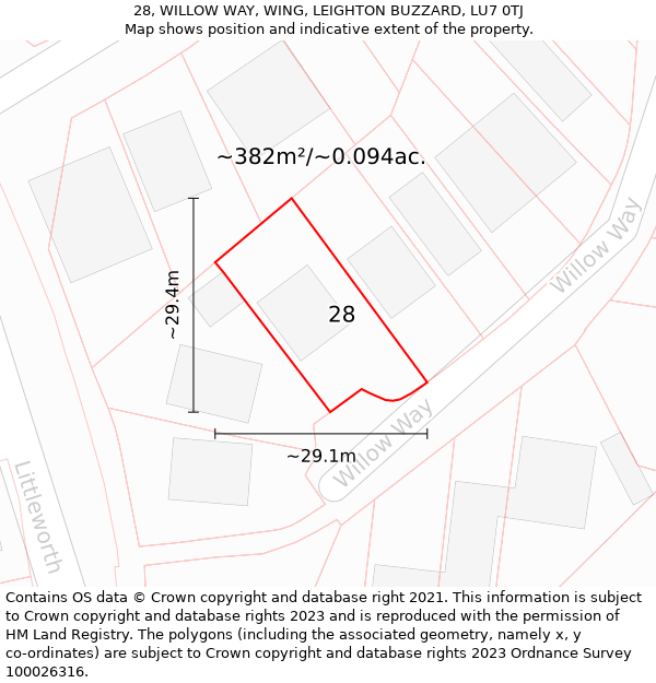 28, WILLOW WAY, WING, LEIGHTON BUZZARD, LU7 0TJ: Plot and title map